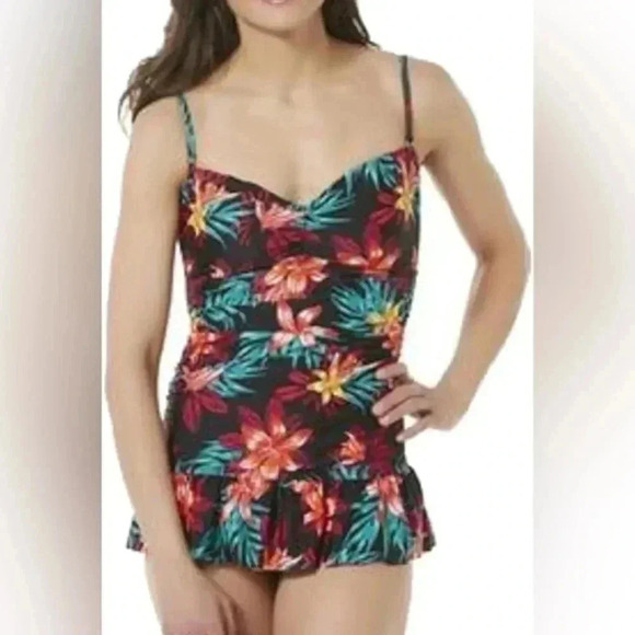 Tropical Escape Tropical Floral One Piece Swimsuit Peplum Ruffle Hem Size 14 - Picture 1 of 3